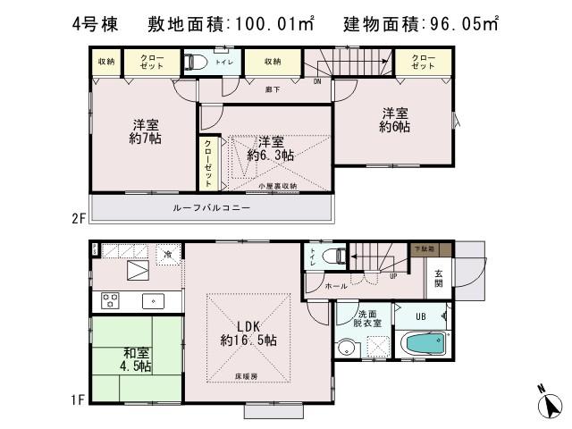 Floor plan. (4 Building), Price 56,800,000 yen, 4LDK, Land area 100.01 sq m , Building area 96.05 sq m