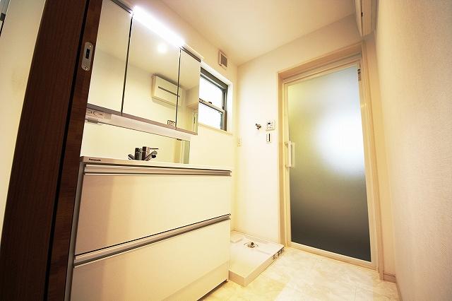 Wash basin, toilet. With a child mirror wide wash basin