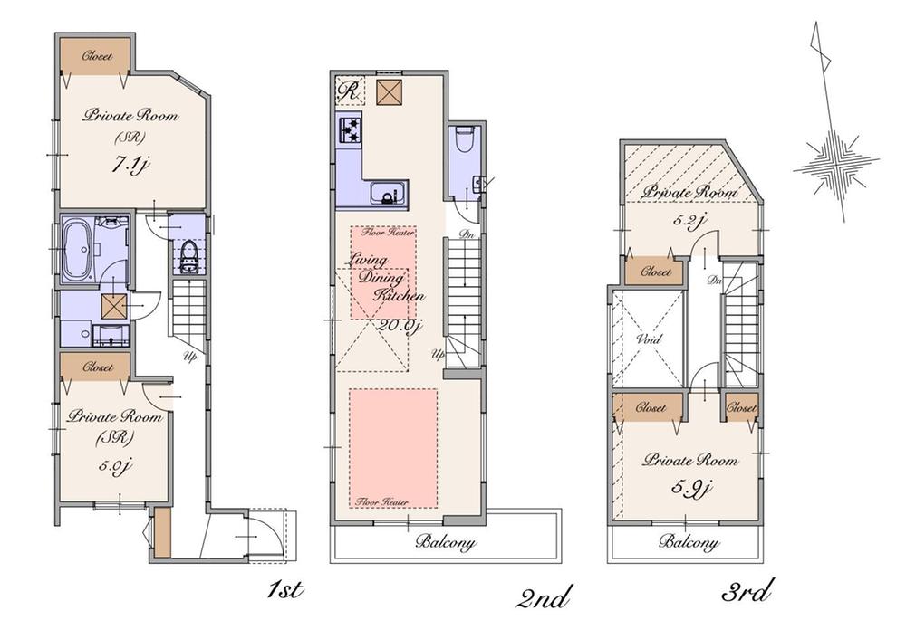 Floor plan. (E Building), Price 63,900,000 yen, 2LDK+2S, Land area 91.39 sq m , Building area 107.98 sq m
