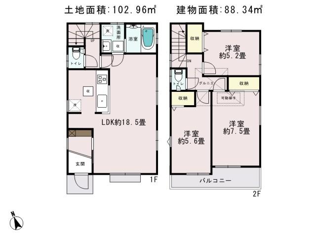 Floor plan. 56,800,000 yen, 3LDK, Land area 102.96 sq m , Building area 88.34 sq m