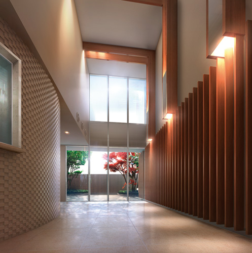 Shared facilities.  [Elegant entrance hall of the two-layer Fukinuki] Of us fully welcomed in the previous approach, which took off from the road, Entrance Hall of the two-layer Fukinuki. On the other side of the wall to draw a curved surface, Spread large-to-ceiling windows that cut the landscape of green terrace, This space is filled with a sense of openness aesthetics. (Rendering)