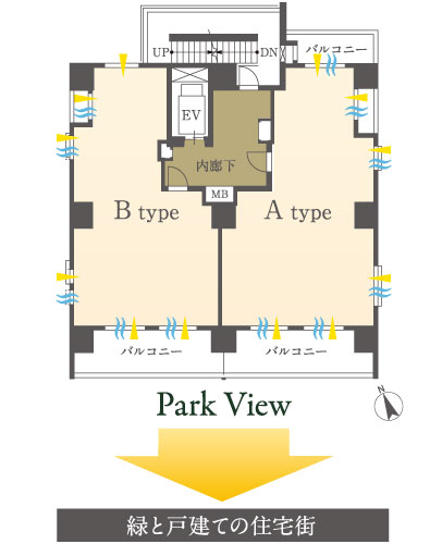 Buildings and facilities. All house is south-facing. Summer is not plugged in too much room sunlight, Winter is bathed in sunlight in reverse, It is easy to live space and comfortable throughout the year. Also, Suitable for private residence, Privacy has adopted the corridor within which protected. (7 ~ 10 floor conceptual diagram)