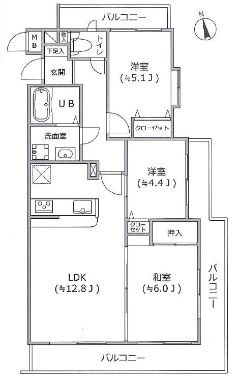Floor plan. 3LDK, Price 43,800,000 yen, Occupied area 66.08 sq m , There is a balcony area 18.94 sq m All rooms have daylight bright 3LDK