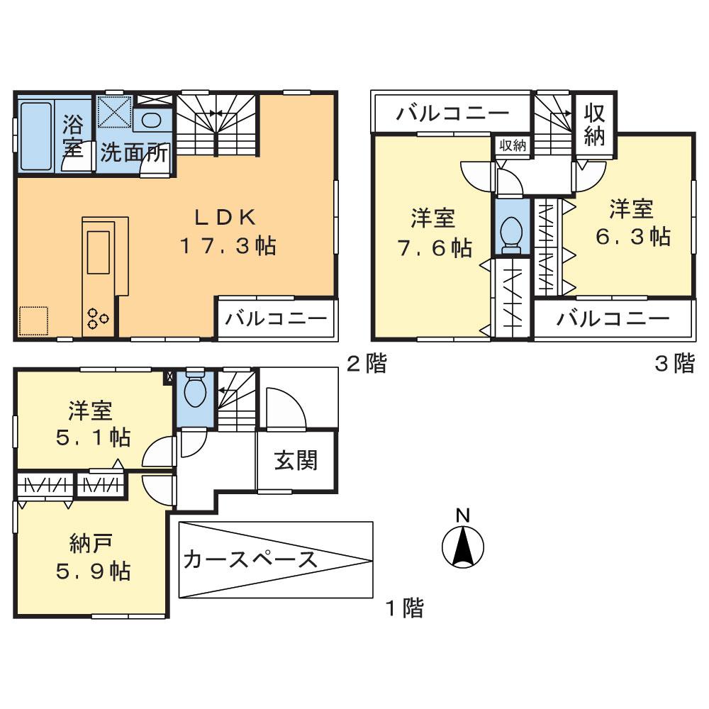 Floor plan. (E Building), Price 69,800,000 yen, 3LDK+S, Land area 60.5 sq m , Building area 106.71 sq m