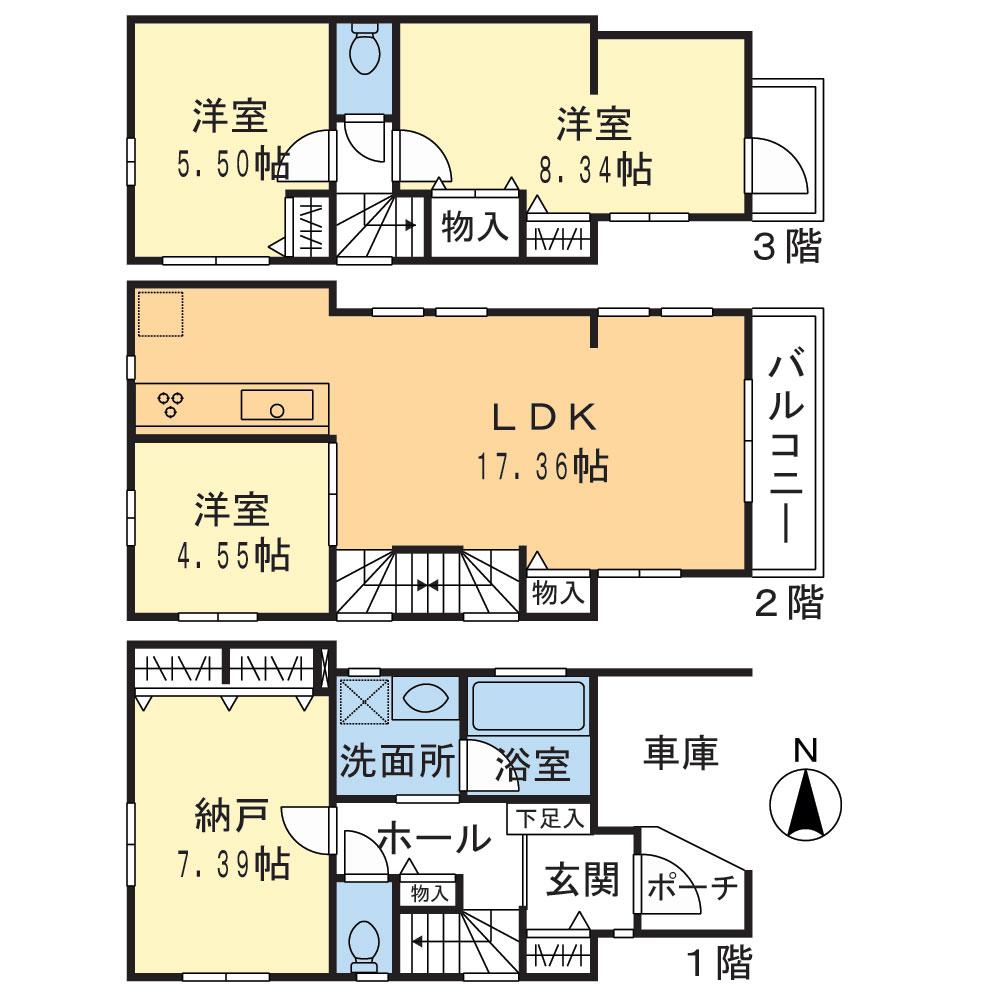 Floor plan. (B Building), Price 65,800,000 yen, 3LDK+S, Land area 65.13 sq m , Building area 107.08 sq m