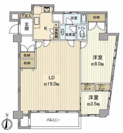 Floor plan. 2LDK, Price 38,500,000 yen, Occupied area 77.91 sq m , Balcony area 6.14 sq m