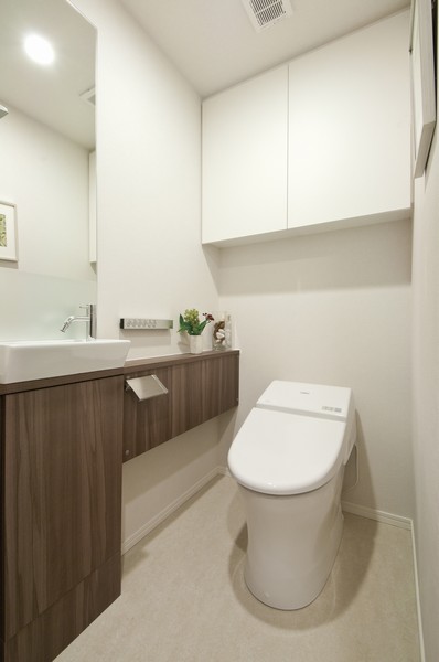 Toilet "mirror with hand washing counter" is provided