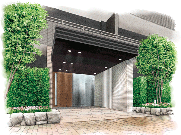 Features of the building.  [Sub Entrance] Convenient access to the station direction. It used properly in accordance with the purpose. (Rendering Illustration)