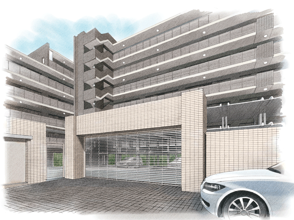 Features of the building.  [Ring shutter] Consideration to the security of the site. You can open and close by remote control operation. (Rendering Illustration)