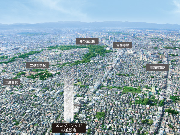 Surrounding environment. Mansion land that calm line of houses continues, Suginami Shoan. When you spread a little sight, Including "Ritsukyojogakuin" every year visited by a lot of people on Christmas worship, Many educational facilities are dotted around, It has given the academic flavor to the area.  ※ Aerial photo of the web is, Thing which has been subjected to CG processing to those obtained by photographing a peripheral site in December 2011.