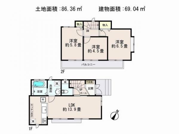 Floor plan. 54,800,000 yen, 3LDK, Land area 86.36 sq m , Building area 69.04 sq m 3LDK floor plan