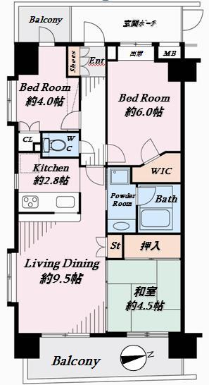 Floor plan. 3LDK, Price 47,800,000 yen, Occupied area 60.77 sq m , Balcony area 11.61 sq m floor plan