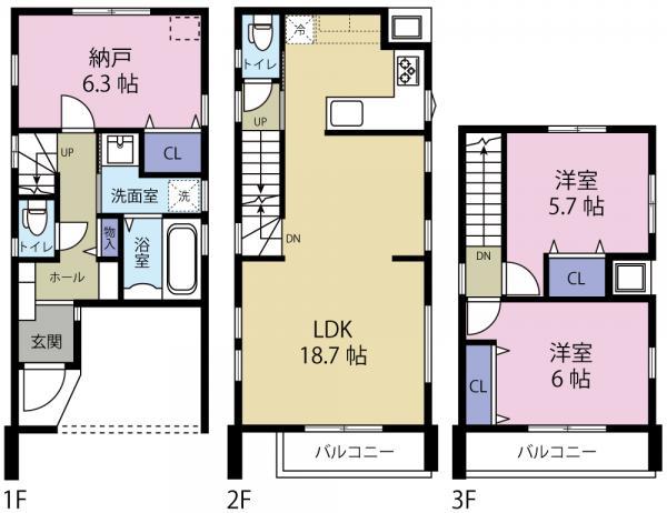 Floor plan. 61,800,000 yen, 3LDK, Land area 60 sq m , Building area 95.63 sq m