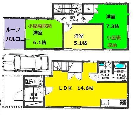 Floor plan. Price 49,700,000 yen, 3LDK, Land area 70.61 sq m , Building area 70.04 sq m