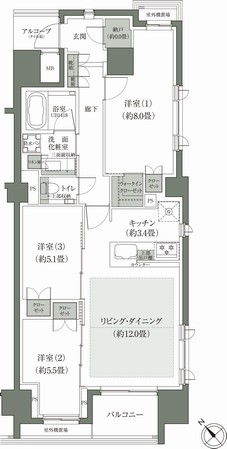  ■ C type 3LDK + N + WIC Occupied area / 80.11 sq m balcony area / 4.61 sq m   ※ N = storeroom,  ※ WIC = walk-in closet