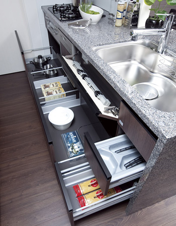 Kitchen.  [Slide cabinet (with Bull motion function)] Loosen the speed just before the drawer is closed, It is with a bull motion functions close to slowly quiet.