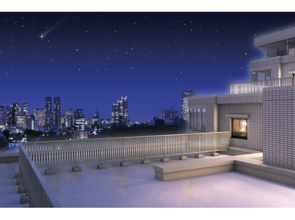 Shared facilities.  [Roof balcony Rendering (Lr type)] Installing a roof balcony, which can be frolicking slowly downtown sky and is on the upper floors of the part of the dwelling unit. (Which was caused to draw based on the drawings, In fact a slightly different. Those obtained by combining the local photographs of east direction from the point of a height of about 18m (6 floors or equivalent) (May 2013 shooting), (Have been made part of image processing) actual and somewhat different.  The vista, It is not intended to be guaranteed in the future)
