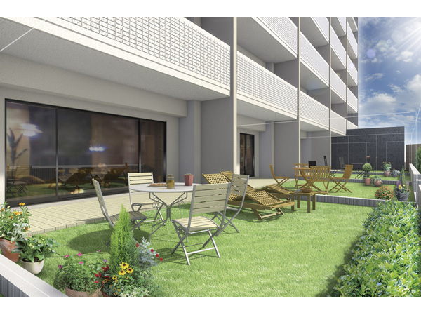 Shared facilities.  [Private garden Rendering] South ・ Set up a dedicated garden, etc. can enjoy gardening is on the first floor dwelling units of the west face. (Which was caused to draw based on the drawings, In fact a slightly different)