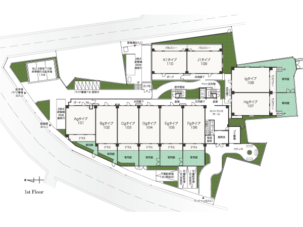 Shared facilities.  [Planning the sunshine and the wind is pleasant refreshing living environment] Corner location where two planes were blessed with full of big facing a feeling of opening the road. It gave a clear some planning to be able to take advantage of its benefits enough. 3 is the charm of the land plan, which was arranged such as passage surrounded by the doorway and planting to the site of places. (1 Kaishikichi conceptual diagram)