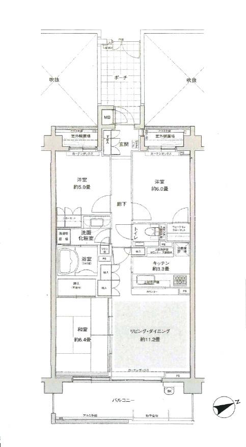 Floor plan. 3LDK, Price 51,800,000 yen, Occupied area 72.65 sq m , Balcony area 12.6 sq m