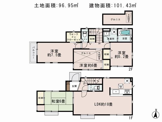 Floor plan. 73,800,000 yen, 4LDK, Land area 96.95 sq m , Building area 101.43 sq m