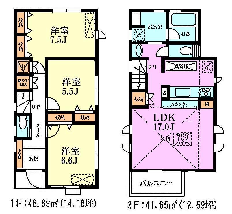 Floor plan. (A Building), Price 60,800,000 yen, 3LDK, Land area 103.99 sq m , Building area 88.54 sq m