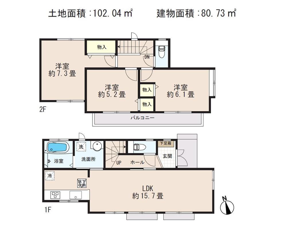 Floor plan. (E Building), Price 49,800,000 yen, 3LDK, Land area 102.04 sq m , Building area 80.73 sq m