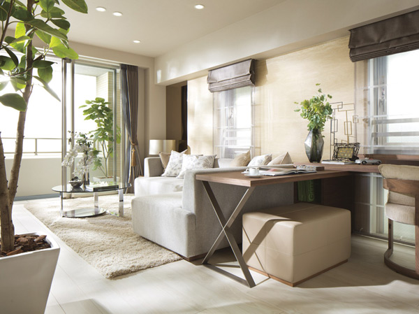 Living.  [living ・ dining] Corner dwelling unit rate of more than 40% ・ By Haisasshi a height of about 2.25m, Enlightenment with sunlight and ventilation hope the high sky, Living with a feeling of opening will be achieved. (Model Room D-type menu plan / Free of charge ・ Application deadline Yes ※ Some paid option available)