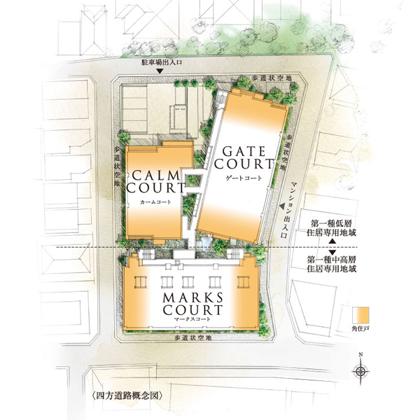 Buildings and facilities. Site of the highly independent four-way road. In addition U-shaped residential building placement of, Up the feeling of opening all of the dwelling unit is facing the road. By dividing the residential building into three, About 44% will be the corner dwelling unit. Also, The average footprint 70 sq m more than, All of the dwelling unit is the plan configuration of 3LDK.