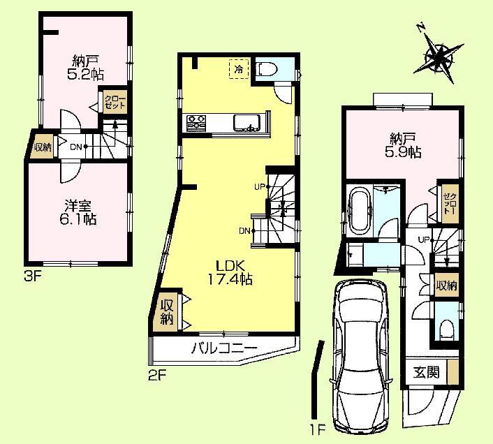 Floor plan. (3 Building), Price 55,800,000 yen, 1LDK+2S, Land area 50.14 sq m , Building area 90.84 sq m