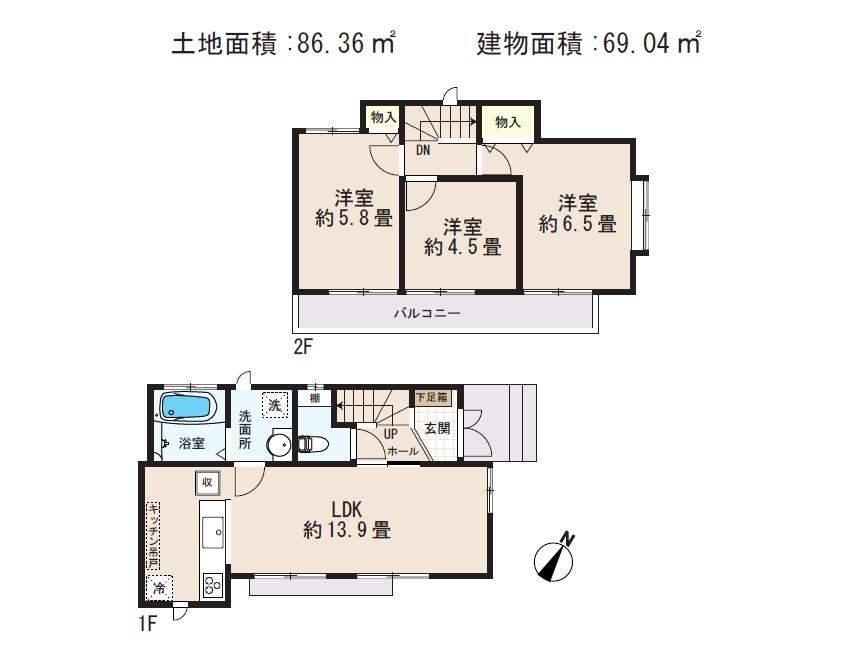 Floor plan. (Building 2), Price 54,800,000 yen, 3LDK, Land area 86.36 sq m , Building area 69.04 sq m