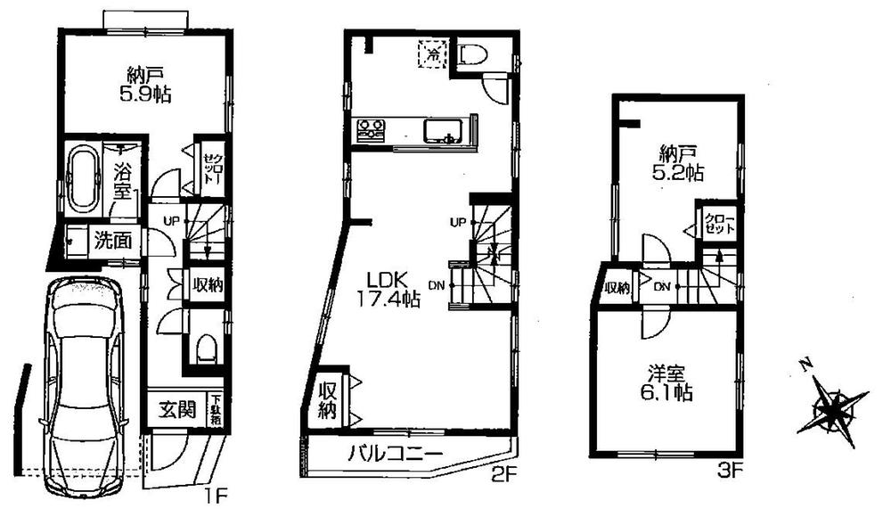 Floor plan. (3 Building), Price 55,800,000 yen, 3LDK, Land area 50.14 sq m , Building area 90.84 sq m