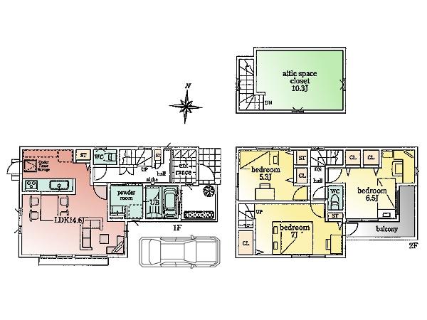 Floor plan. (1 Building), Price 59,800,000 yen, 3LDK, Land area 104.87 sq m , Building area 82.8 sq m