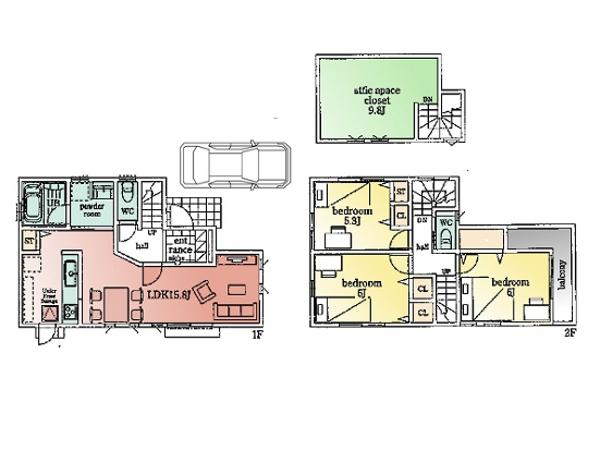 Floor plan. (Building 2), Price 58,800,000 yen, 3LDK, Land area 104.83 sq m , Building area 82.8 sq m