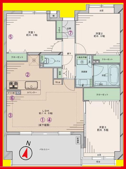 Floor plan. 3LDK, Price 44,800,000 yen, Occupied area 72.62 sq m , Balcony area 11.36 sq m