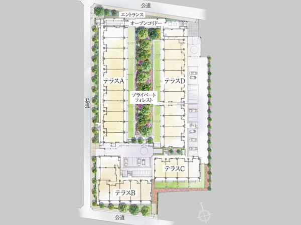 Shared facilities.  [Distribution building plan of 4 buildings construction] Reminiscent of the "Musashino Mori" "Private Forest". that is, By 4 buildings construction of buildings arranged in a U-shape, We The outer forms a region where inner spaced clearly. (Conceptual diagram)