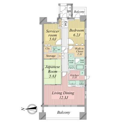Floor plan. 7 floor main balcony facing west of the southwest angle dwelling unit ・ Room use three rooms that can be 75.8