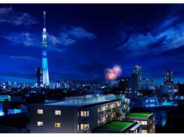 Buildings and facilities. While leaving the taste, Location to start a new dynamism "towing area". Also Masu fun Me "Sumida River fireworks display" from the rooftop terrace.  ※ Exterior - Rendering Local rooftop (7th floor) fireworks to view photos from the corresponding (July 2013 shooting), Which was the appearance Rendering such as CG synthesis, In fact a slightly different.