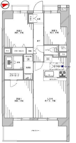 Floor plan. 3LDK, Price 26,800,000 yen, Occupied area 58.52 sq m , Balcony area 11.21 sq m