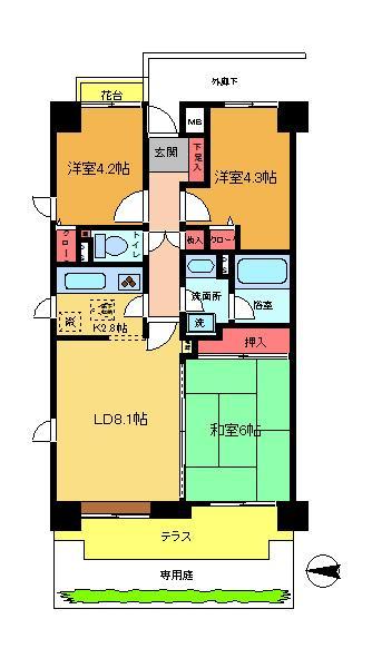 Floor plan. 3LDK, Price 23.5 million yen, Occupied area 56.69 sq m , You can enjoy gardening on the balcony area 8 sq m private garden!