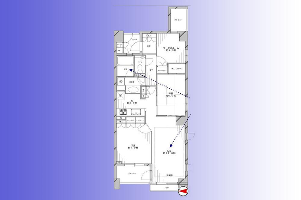 Floor plan. 3LDK, Price 41,800,000 yen, Occupied area 73.19 sq m , Balcony area 9.35 sq m southwest angle room ・ Two-sided balcony