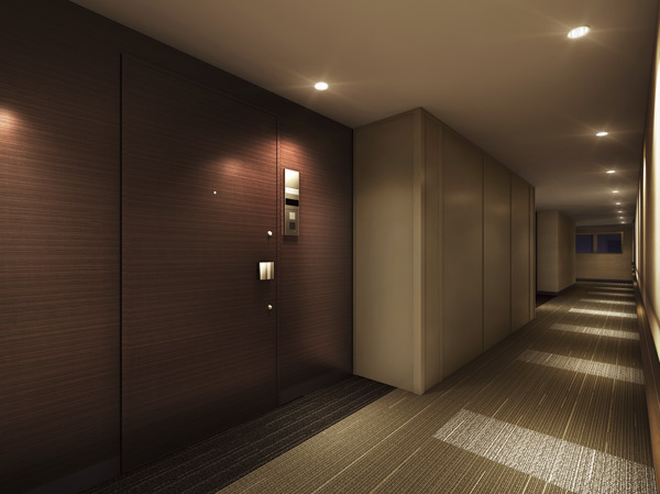 Security.  [Privacy, such as hotels / The inner corridor Rendering] The approach to the door of each dwelling unit is, Adopt an inner corridor design hotels like. It prevents the rain and wind intrusion, Also reduce footsteps when walking down the hall. Also with consideration to the privacy of blocking the line of sight from the outside.  ※ Except low-rise building.  ※ Which was raised drawn based on drawing, In fact a slightly different.