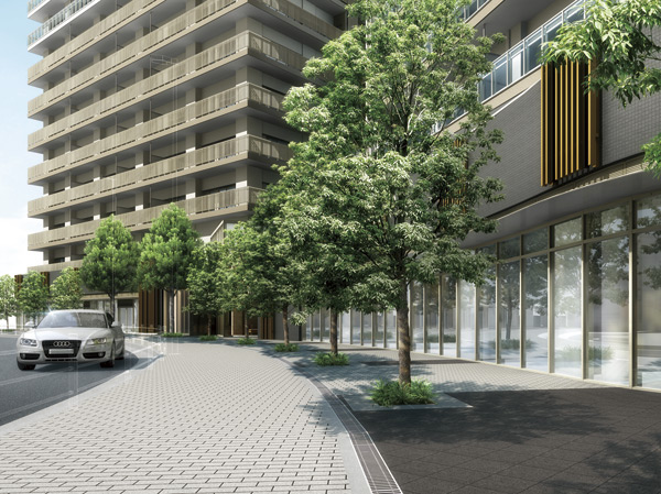 Shared facilities.  [First floor facade Rendering] Entrance before the symbol tree ・ Including Elaeocarpus sylvestris, Such as evergreen oak and Nanaminoki, Abundantly planted trees of evergreen. The front of the station landscape that is new development, Adorned with pleasant green.  ※ In fact a somewhat different in those drawn on the basis of the drawings. Also planting particular season, Those drawn on the assumption the state at the time of residence there is no.