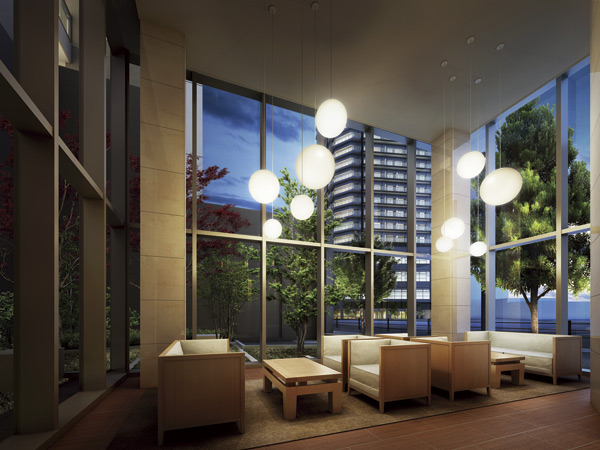 Shared facilities.  [Crystal Lounge Rendering] On the first floor of the entrance hall next to, It features a glass-walled space "Crystal Lounge". Taking advantage of the ceiling height of about 5m, We finish in a field of airy Talking. While admiring the landscape of the new town in a large window over the wall full of, Spend a pleasant moment. Increase the pride that live in this station near, It is a high-quality public space.