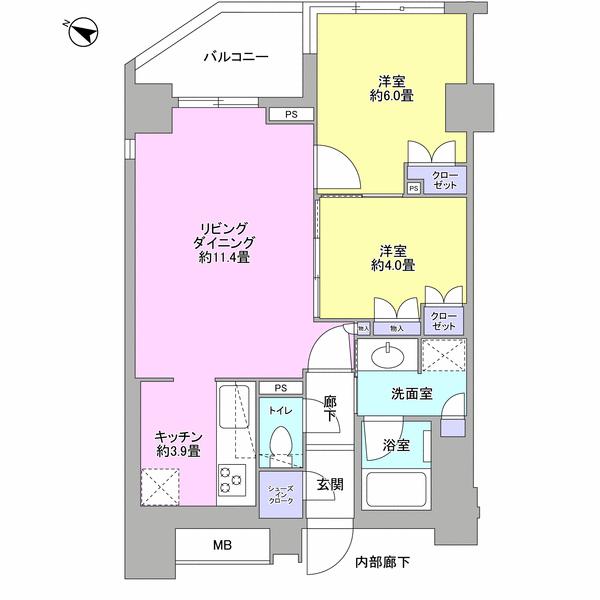 Floor plan. 2LDK, Price 31,800,000 yen, Occupied area 56.05 sq m , Balcony area 5.14 sq m