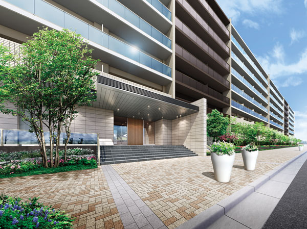 Shared facilities.  [Entrance Rendering CG] Residence of appearance, Beautiful scenery and pleasant harmony of the waterside, Design lend a sophisticated space and moisture to the streets. Live enough to nurture a love and pride "mansion ness" bring peace "kindness" has become a theme. Sidewalk Ya, which is furnished in interlocking, There arranged the four seasons of flowers, It will make me feel fine calm.