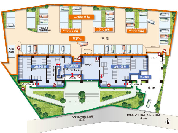 Shared facilities.  [Open outside the structure that is in harmony with the surrounding] Open outside the structure, which is also the community of the place is, Likely tenants are aware of each other, Also help in crime prevention because noticeable if there are suspicious person. With to separate the flow line of people and cars and bicycles, Such as 100% flat of the parking lot was placed on the back side of the building. (Site layout illustration)