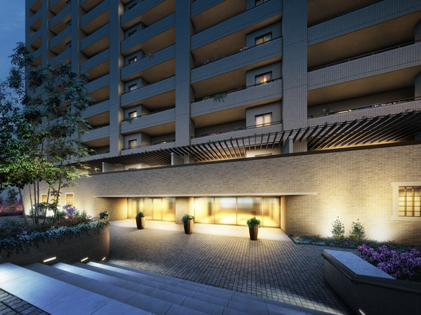 Buildings and facilities. In front of more than left-right width 45m entrance gate, It spreads open outside the structure that ensures a luxurious space. Also, Entrance to the pergola on it with lots of curvaceous with a natural sense of, It has become of the entire building accent. (Entrance approach Rendering CG)