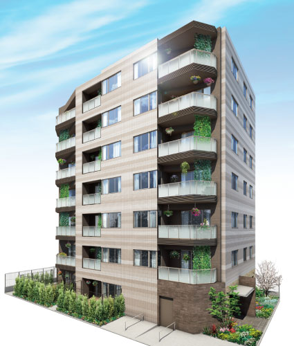 Buildings and facilities. The appearance of the wood grain of the trunk of the tree to the motif, In harmony with the rhythm of nature. Rooted in the earth, To Shigella the Aoba, Masu Yuki bloom every day of people who live in there colorful along with beautiful flowers bloom of time flow. (Exterior view)