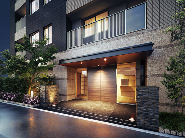 Shared facilities.  [Mongamae that some calm to gracefully welcomes those who live] Entrance is arranged to have a distance from the road, It was designed as a room there Yingbin space in consideration of the privacy of. further, Subjected to a moisture rich planting outside structure, And contribute to enriching the creation of streets. As close to the entrance, Quaint natural stone design walls and floors, And moist and Utsushidasu lighting the scene, The expectations of time spent in the mansion, We'll be going to increase slowly. (Entrance Rendering)